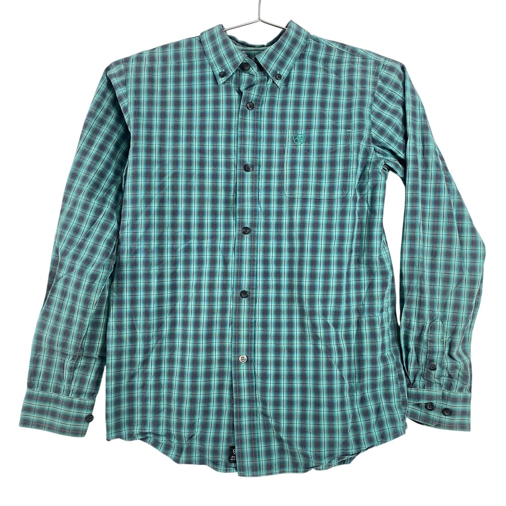 Ariat Pro Series Shirt Boys Large 14-16 Teal Black Plaid Button Down Western‎